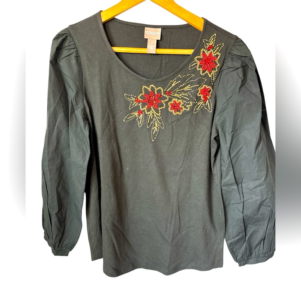 Chico's Blouse Top size 1 Medium  Embellished Flower Detail Puff Sleeves Peasant